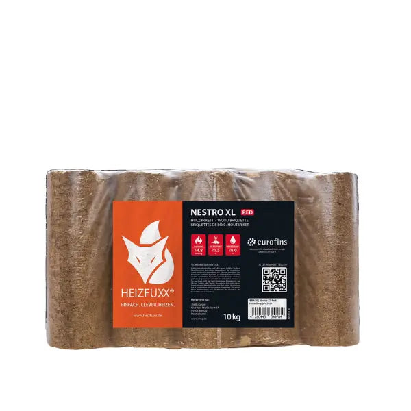Heizfuxx Nestro XL Rot Hartholzbriketts 960 kg Palette 96x10 kg Rundbriketts Heizwert ≥4,8 kWh/kg