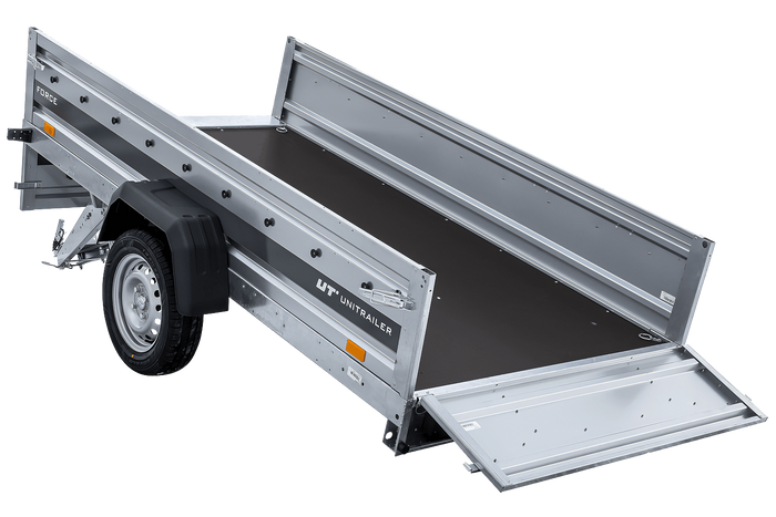 Autotransportanhänger 264×125 UNITRAILER FORCE 264 KIPP mit Gitterwänden, H-800 Rahmen und grauer Plane-Neu