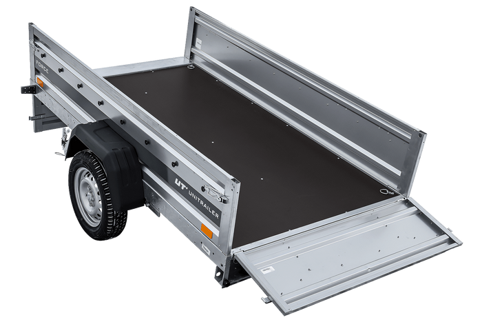 Autotransportanhänger auf Federn 230×125 UNITRAILER FORCE 230/R KIPP mit Gitterwänden, H-800 Rahmen und grauer Plane-Neu