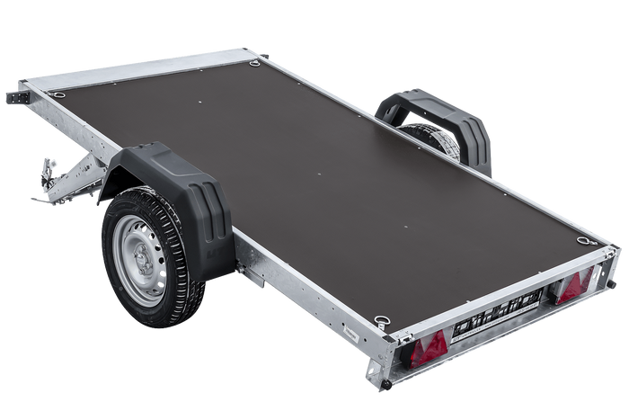 Autotransportanhänger auf Federn 230×125 UNITRAILER FORCE 230/R KIPP mit Gitterwänden, H-800 Rahmen und grauer Plane-Neu