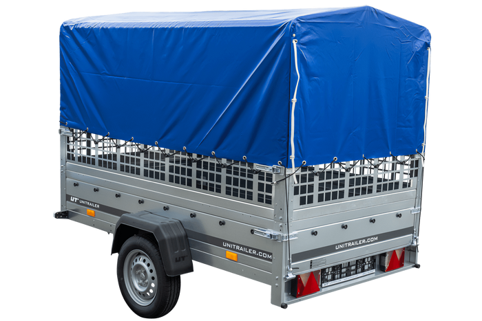 Planenanhänger 230×125 Garden Trailer 230 KIPP mit Laubgitteraufsatz, blauer Hochplane, Hochspriegel und Stützrad-Neu