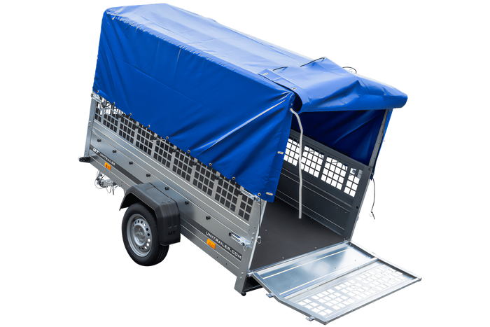 Planenanhänger 230×125 Garden Trailer 230 KIPP mit Laubgitteraufsatz, blauer Hochplane, Hochspriegel und Stützrad-Neu