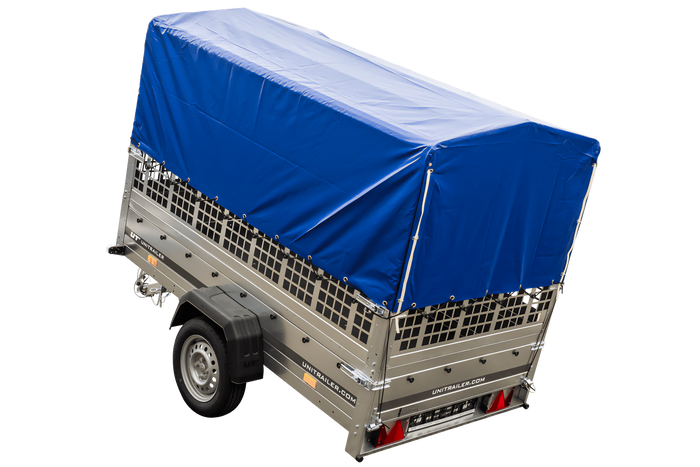 Planenanhänger 230×125 Garden Trailer 230 KIPP mit Laubgitteraufsatz, blauer Hochplane, Hochspriegel und Stützrad-Neu