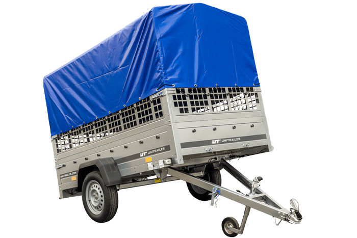 Planenanhänger 230×125 Garden Trailer 230 KIPP mit Laubgitteraufsatz, blauer Hochplane, Hochspriegel und Stützrad-Neu