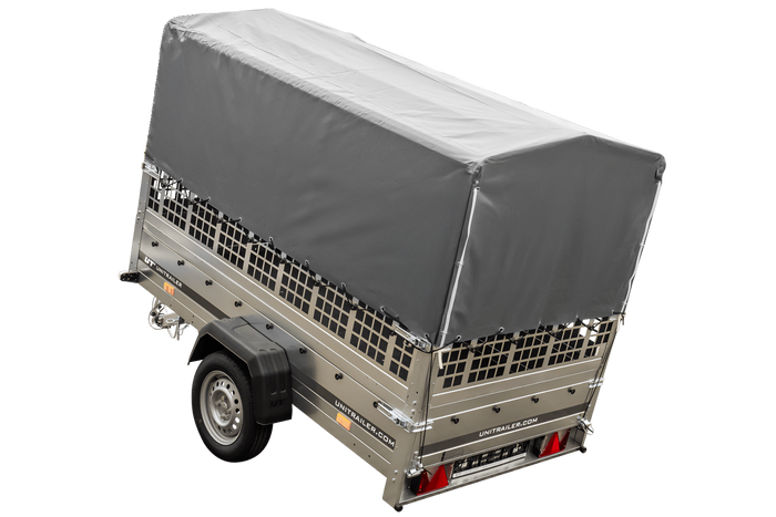Planenanhänger 230×125 Garden Trailer 230 KIPP mit Laubgitteraufsatz, grauer Hochplane, Hochspriegel und Stützrad-Neu