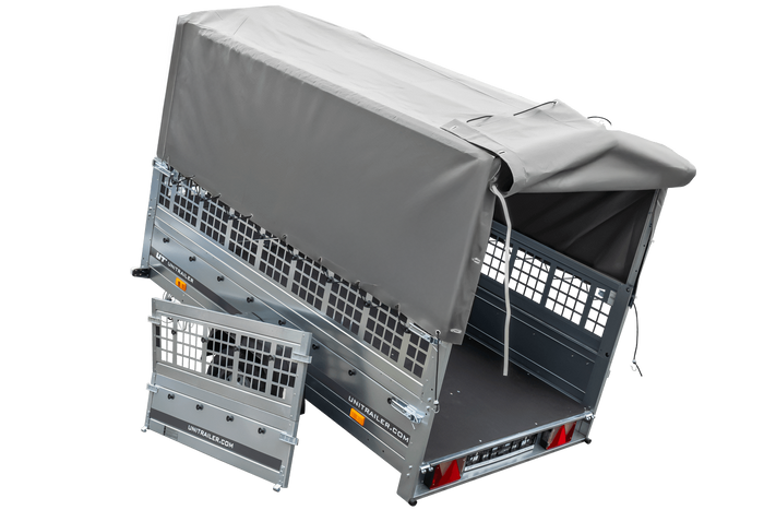 Planenanhänger 230×125 Garden Trailer 230 KIPP mit Laubgitteraufsatz, grauer Hochplane, Hochspriegel und Stützrad-Neu