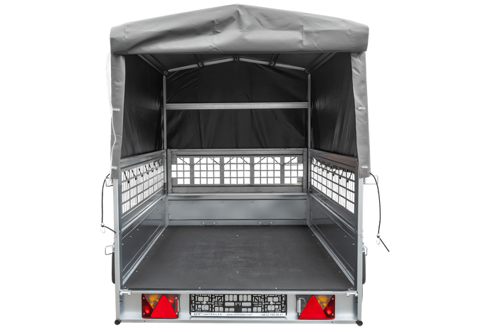 Planenanhänger 230×125 Garden Trailer 230 KIPP mit Laubgitteraufsatz, grauer Hochplane, Hochspriegel und Stützrad-Neu