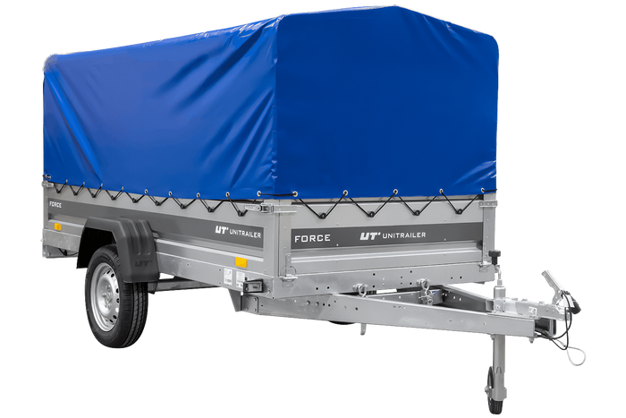 Ungebremster Anhänger 264×125 UNITRAILER FORCE 264 KIPP mit H-800 Spriegel und blauer Hochplane-Neu