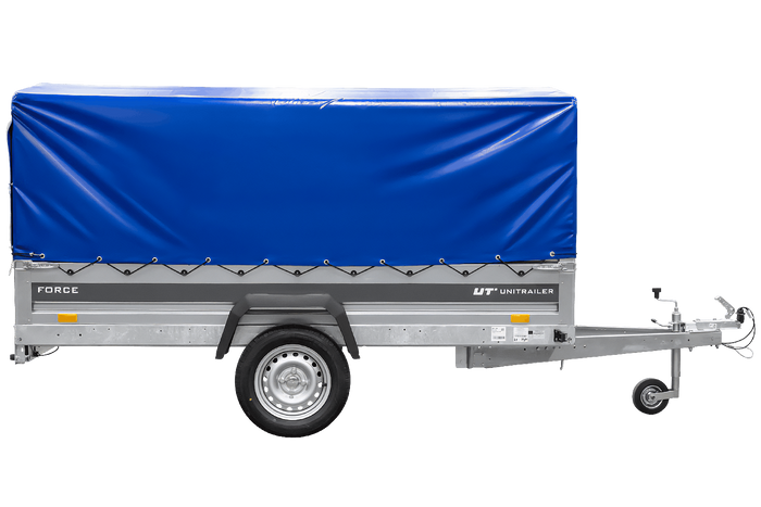 Ungebremster Anhänger 264×125 UNITRAILER FORCE 264 KIPP mit H-800 Spriegel und blauer Hochplane-Neu