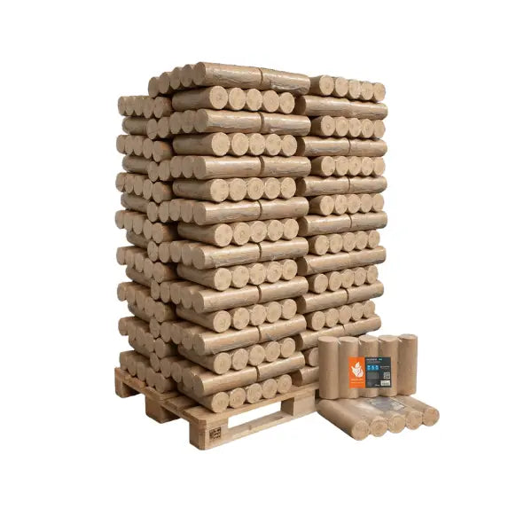 Heizfuxx Nestro XL Blau Hartholzbriketts 960 kg Palette 96x10 kg Rundbriketts Heizwert ≥4,8 kWh/kg
