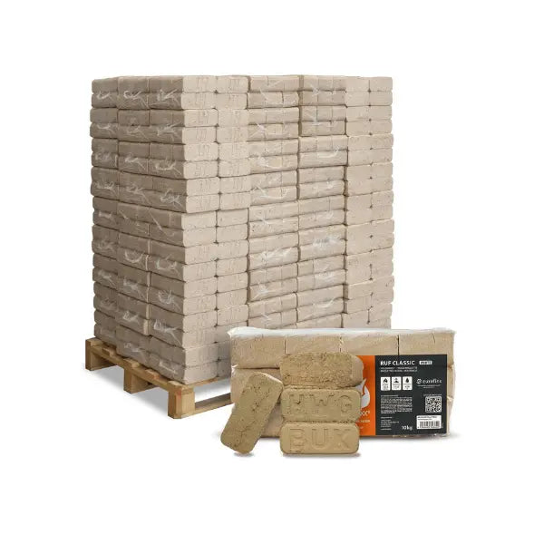 Heizfuxx RUF Classic White Holzbriketts 960 kg Palette 96x10 kg Weißholz RUF-Form Heizwert ≥4,8 kWh/kg