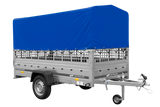 Autotransportanhänger auf Blattfedern 264×125 UNITRAILER GARDEN 264/R KIPP mit Gitterwänden, H-800 Rahmen und blauer Plane-Neu