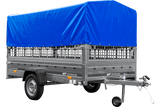 Autotransportanhänger auf Blattfedern 264×150 UNITRAILER GARDEN 265/R KIPP mit Gitterwänden, H-800 Rahmen und blauer Plane-Neu