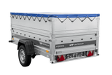 Autotransportanhänger auf Federn 230×125 UNITRAILER FORCE 230/R KIPP mit BIS-Seitenwänden, H-0-Rahmen und blauer Plane-Neu