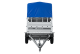 Autotransportanhänger auf Federn 230×125 UNITRAILER FORCE 230/R KIPP mit Gitterwänden, H-800 Rahmen und blauer Plane-Neu