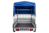 Autotransportanhänger auf Federn 230×125 UNITRAILER FORCE 230/R KIPP mit Gitterwänden, H-800 Rahmen und blauer Plane-Neu