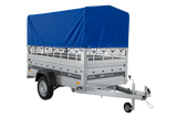 Autotransportanhänger auf Federn 230×125 UNITRAILER FORCE 230/R KIPP mit Gitterwänden, H-800 Rahmen und blauer Plane-Neu