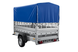 Autotransportanhänger auf Federn 230×125 UNITRAILER FORCE 230/R KIPP mit Gitterwänden, H-800 Rahmen und blauer Plane-Neu