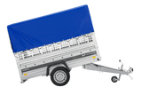 Autotransportanhänger auf Federn 230×125 UNITRAILER FORCE 230/R KIPP mit Gitterwänden, H-800 Rahmen und blauer Plane-Neu