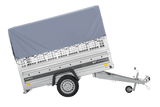 Autotransportanhänger auf Federn 230×125 UNITRAILER FORCE 230/R KIPP mit Gitterwänden, H-800 Rahmen und grauer Plane-Neu