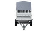 Autotransportanhänger auf Federn 230×125 UNITRAILER FORCE 230/R KIPP mit Gitterwänden, H-800 Rahmen und grauer Plane-Neu