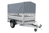 Autotransportanhänger auf Federn 230×125 UNITRAILER FORCE 230/R KIPP mit Gitterwänden, H-800 Rahmen und grauer Plane-Neu