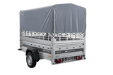 Autotransportanhänger auf Federn 230×125 UNITRAILER FORCE 230/R KIPP mit Gitterwänden, H-800 Rahmen und grauer Plane-Neu