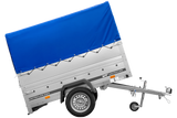 Einachsanhänger 200×125 UNITRAILER GARDEN 201 KIPP mit BIS-Seitenwänden, H-800-Rahmen und blauer Plane-Neu