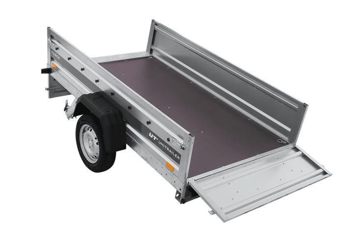 Einachsanhänger 230×125 UNITRAILER FORCE 230 KIPP mit Gitterseitenwänden, H-800 Rahmen und grauer Plane-Neu