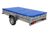 Einachsanhänger 264×150 UNITRAILER GARDEN 265 KIPP mit einem Flachplanenträger und blauer Plane-Neu