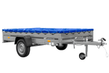 Einachsanhänger 264×150 UNITRAILER GARDEN 265 KIPP mit einem Flachplanenträger und blauer Plane-Neu