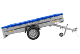 Einachsanhänger 264×150 UNITRAILER GARDEN 265 KIPP mit einem Flachplanenträger und blauer Plane-Neu