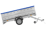 Einachsanhänger 264×150 UNITRAILER GARDEN 265 KIPP mit zusätzlichen Bordwänden, H-0-Rahmen und blauer Plane-Neu