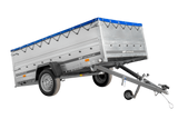 Einachsanhänger 264×150 UNITRAILER GARDEN 265 KIPP mit zusätzlichen Bordwänden, H-0-Rahmen und blauer Plane-Neu