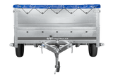 Einachsanhänger 264×150 UNITRAILER GARDEN 265 KIPP mit zusätzlichen Bordwänden, H-0-Rahmen und blauer Plane-Neu
