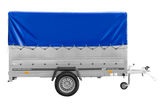 Einachsanhänger 264×150 UNITRAILER GARDEN 265 KIPP mit zusätzlichen Bordwänden, H-800-Hochspriegel und blauer Plane-Neu