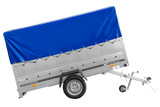 Einachsanhänger 264×150 UNITRAILER GARDEN 265 KIPP mit zusätzlichen Bordwänden, H-800-Hochspriegel und blauer Plane-Neu