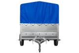 Einachsanhänger 264×150 UNITRAILER GARDEN 265 KIPP mit zusätzlichen Bordwänden, H-800-Hochspriegel und blauer Plane-Neu