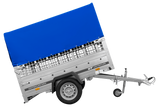 Einachsanhänger auf Federn 200×125 UNITRAILER GARDEN 201/R KIPP mit Gitterwänden, H-800-Rahmen und blauer Plane-Neu