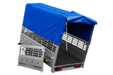 Einachsanhänger auf Federn 200×125 UNITRAILER GARDEN 201/R KIPP mit Gitterwänden, H-800-Rahmen und blauer Plane-Neu