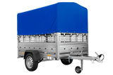 Einachsanhänger auf Federn 200×125 UNITRAILER GARDEN 201/R KIPP mit Gitterwänden, H-800-Rahmen und blauer Plane-Neu