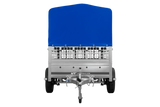 Einachsanhänger auf Federn 200×125 UNITRAILER GARDEN 201/R KIPP mit Gitterwänden, H-800-Rahmen und blauer Plane-Neu