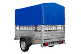 Einachsanhänger auf Federn 200×125 UNITRAILER GARDEN 201/R KIPP mit Gitterwänden, H-800-Rahmen und blauer Plane-Neu