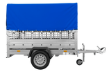 Einachsanhänger auf Federn 200×125 UNITRAILER GARDEN 201/R KIPP mit Gitterwänden, H-800-Rahmen und blauer Plane-Neu
