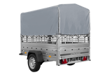 Einachsanhänger auf Federn 200×125 UNITRAILER GARDEN 201/R KIPP mit Gitterwänden, H-800-Rahmen und grauer Plane-Neu