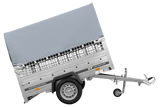 Einachsanhänger auf Federn 200×125 UNITRAILER GARDEN 201/R KIPP mit Gitterwänden, H-800-Rahmen und grauer Plane-Neu