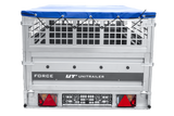 Einachsiger Anhänger auf Blattfedern 264×125 UNITRAILER FORCE 264/R KIPP mit Gitterseitenwänden, H-0-Rahmen und blauer Plane-Neu