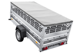 Einachsiger Anhänger auf Blattfedern 264×125 UNITRAILER FORCE 264/R KIPP mit Gitterseitenwänden, H-0-Rahmen und grauer Plane-Neu