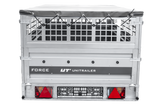 Einachsiger Anhänger auf Blattfedern 264×125 UNITRAILER FORCE 264/R KIPP mit Gitterseitenwänden, H-0-Rahmen und grauer Plane-Neu