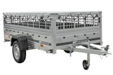 Einachsiger Anhänger auf Blattfedern 264×125 UNITRAILER GARDEN 264/R KIPP mit Gitterseitenwänden, H-0-Rahmen und grauer Plane-Neu